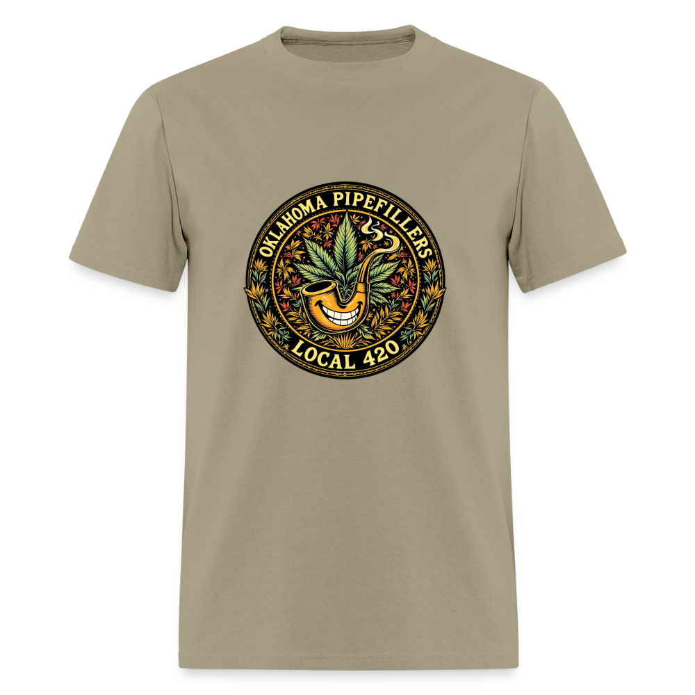 OKLAHOMA PIPEFILLERS LOCAL 420  F/B DESIGNS Men's T-Shirt - khaki