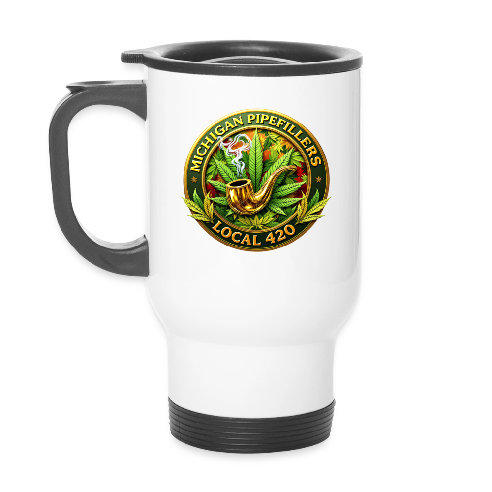 MICHIGAN PIPEFILLERS LOCAL 420 14oz Stainless Steel Travel Mug - white