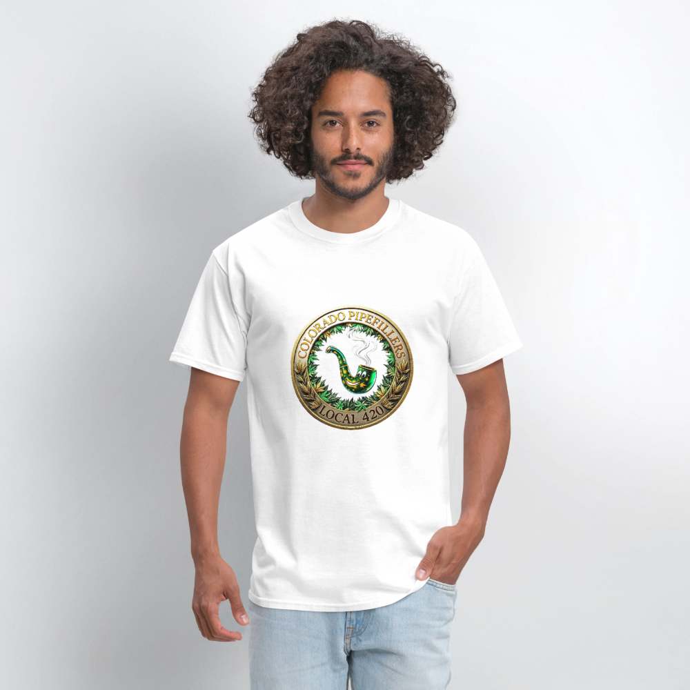 COLORADO PIPEFILLERS LOCAL 420 F/B EMBLEMS Men's T-Shirt - white