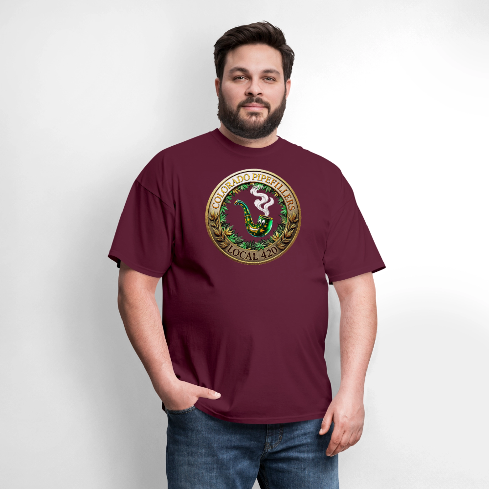 COLORADO PIPEFILLERS LOCAL 420 F/B EMBLEMS Men's T-Shirt - burgundy