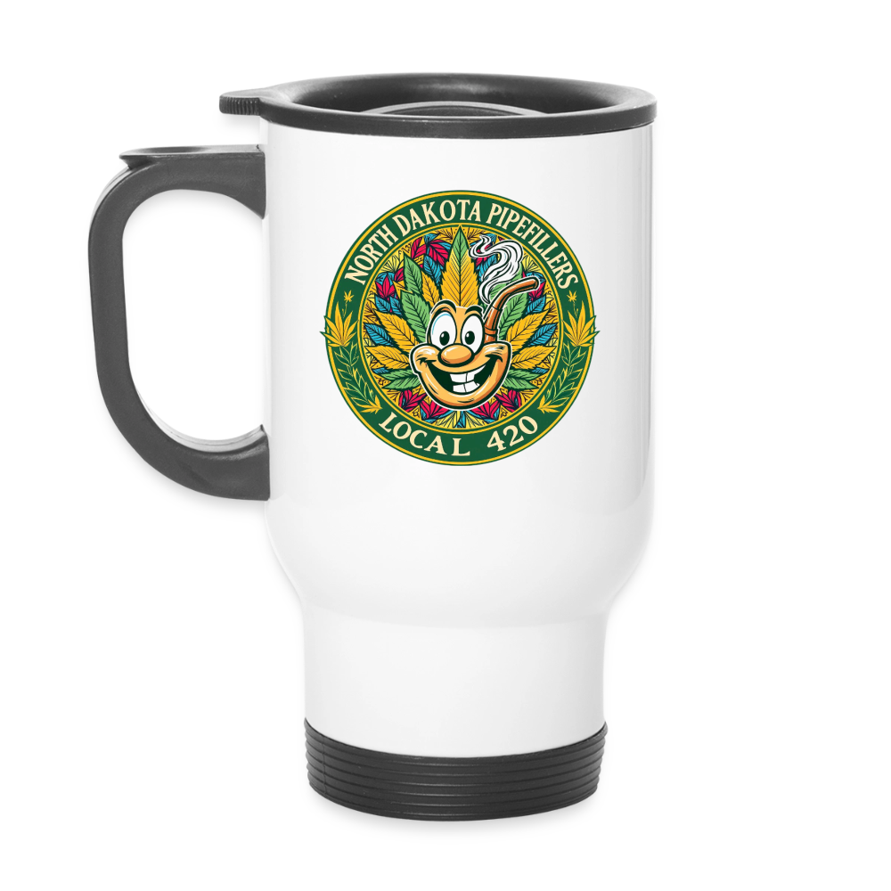 NORTH DAKOTA PIPEFILLERS LOCAL 420 14oz Stainless Steel Travel Mug - white