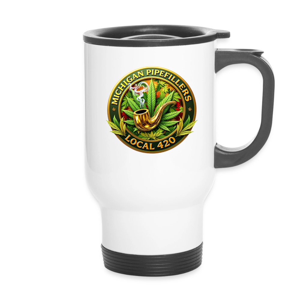 MICHIGAN PIPEFILLERS LOCAL 420 14oz Stainless Steel Travel Mug - white