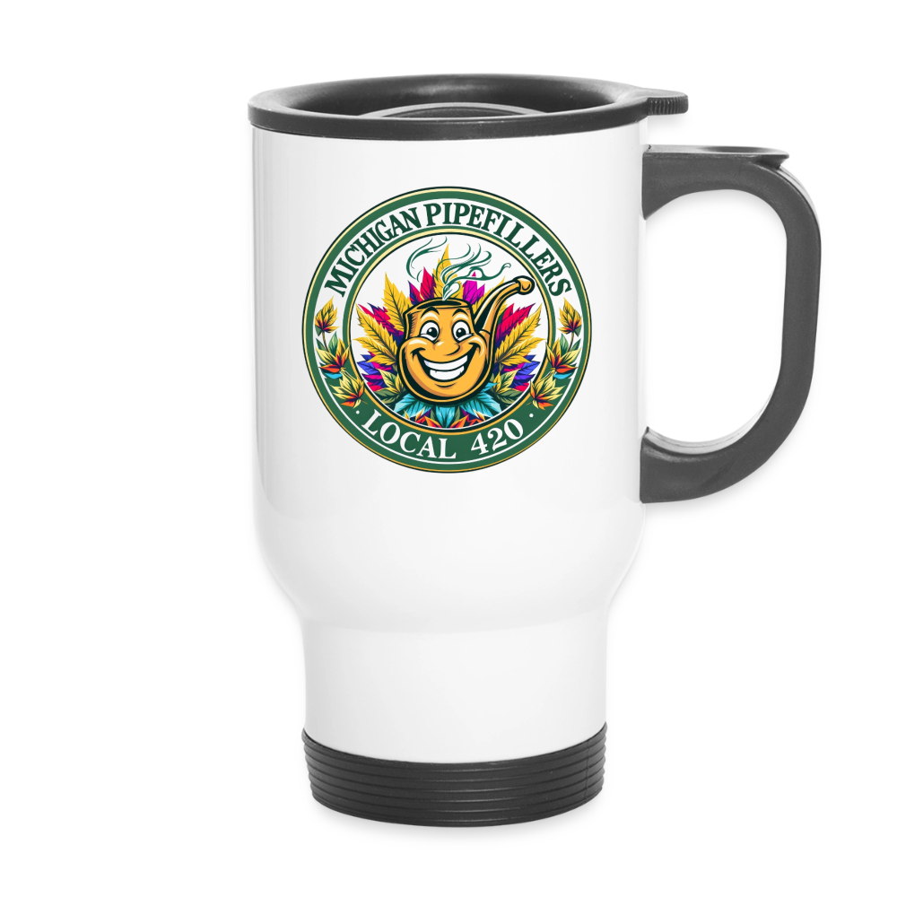MICHIGAN PIPEFILLERS LOCAL 420 14oz Stainless Steel Travel Mug - white