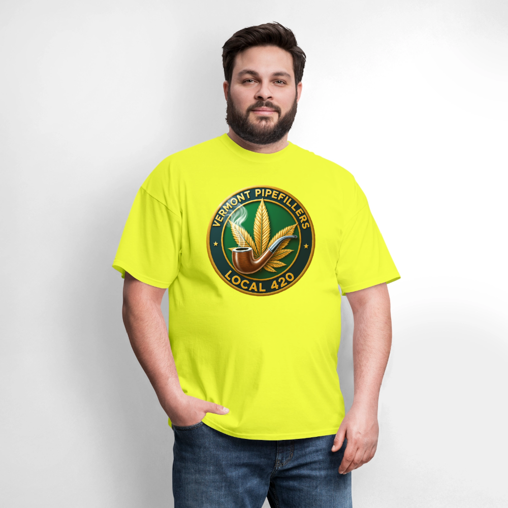 VERMONT PIPEFILLERS LOCAL 420 2 EMBLEM Men's T-Shirt - safety green