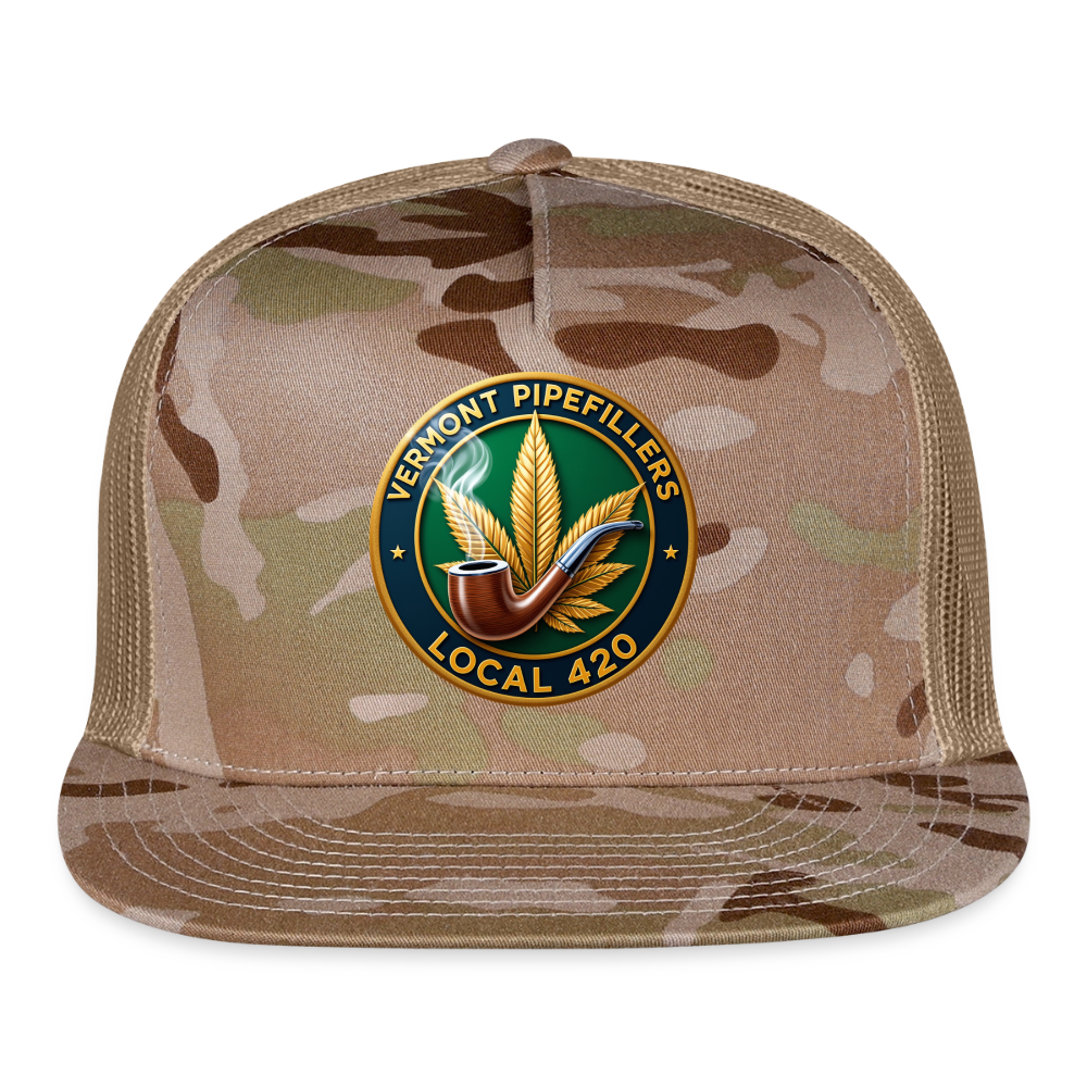 VERMONT PIPEFILLERS LOCAL 420 2 EMBLEM Men's CAMO Trucker Hat - MultiCam\tan