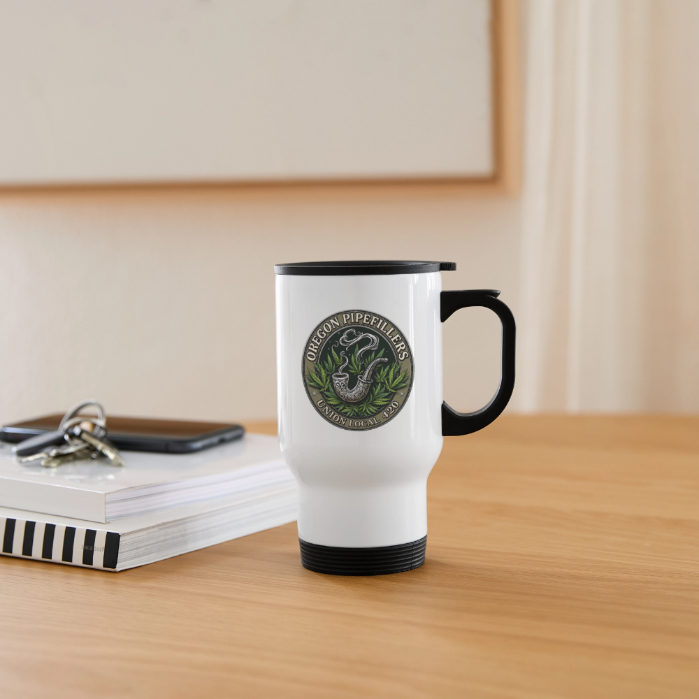 OREGON PIPEFILLERS LOCAL 420 14oz 2 EMBLEM Stainless Steel Travel Mug - white