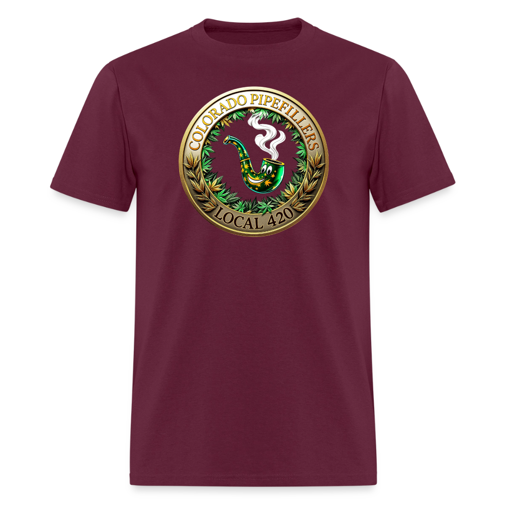 COLORADO PIPEFILLERS LOCAL 420 F/B EMBLEMS Men's T-Shirt - burgundy