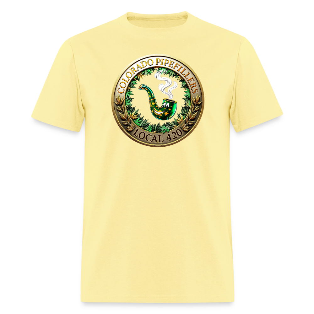 COLORADO PIPEFILLERS LOCAL 420 F/B EMBLEMS Men's T-Shirt - cornsilk