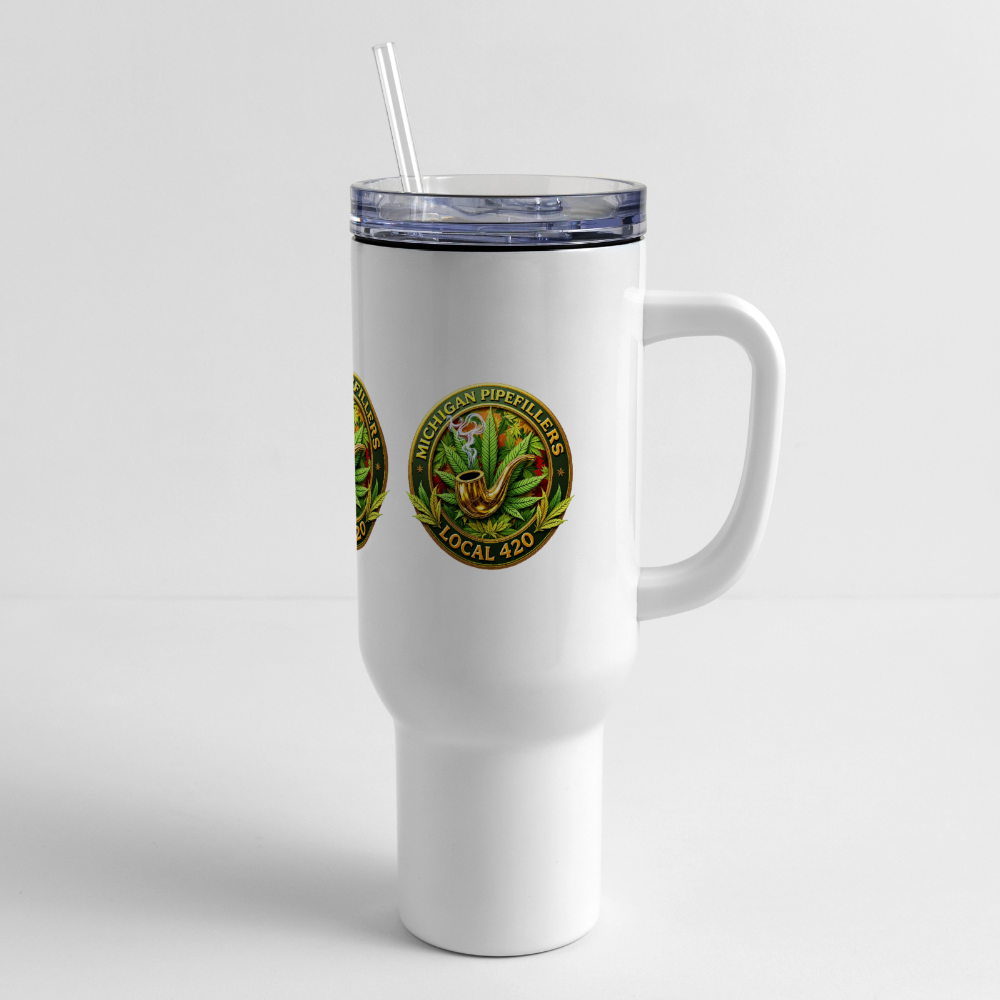 MICHIGAN PIPEFILLERS LOCAL 420 40oz Stainless Steel Travel Mug - white