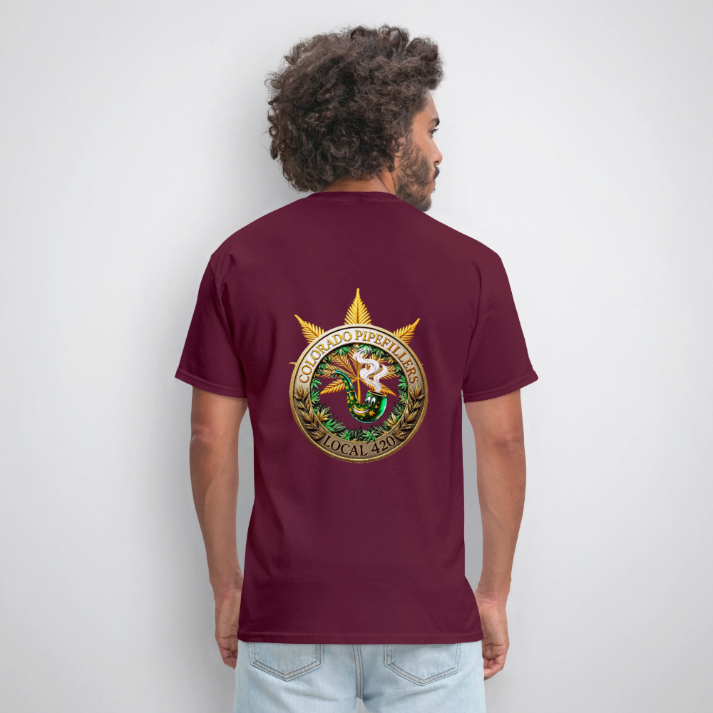 COLORADO PIPEFILLERS LOCAL 420 F/B EMBLEMS Men's T-Shirt - burgundy