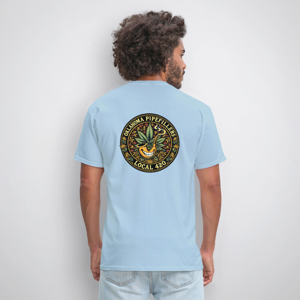 OKLAHOMA PIPEFILLERS LOCAL 420  F/B DESIGNS Men's T-Shirt - powder blue