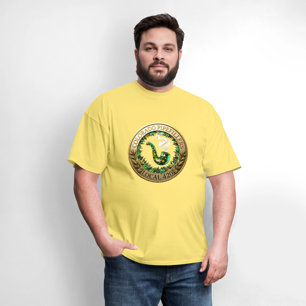 COLORADO PIPEFILLERS LOCAL 420 F/B EMBLEMS Men's T-Shirt - cornsilk