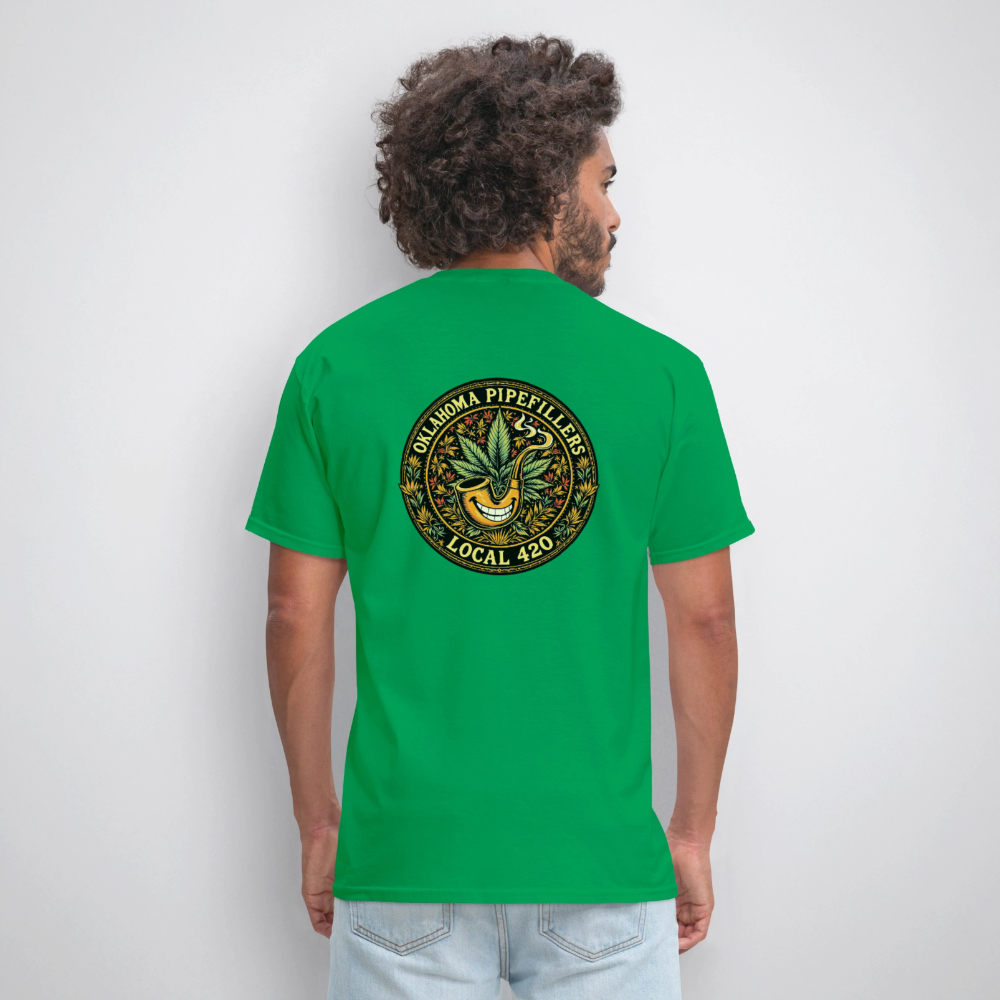 OKLAHOMA PIPEFILLERS LOCAL 420  F/B DESIGNS Men's T-Shirt - bright green