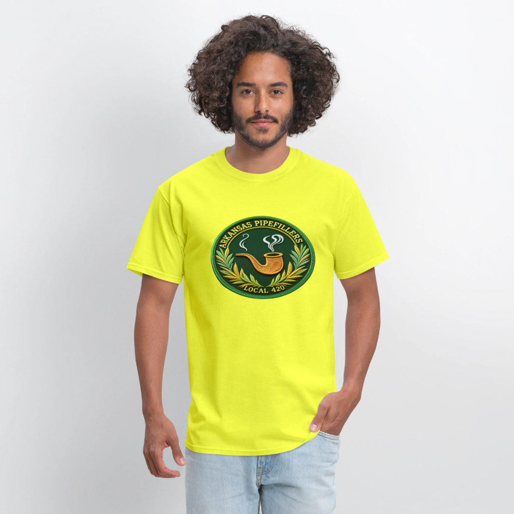 ARKANSAS PIPEFILLERS LOCAL 420 F/B EMBLEMS  Men's T-Shirt - safety green