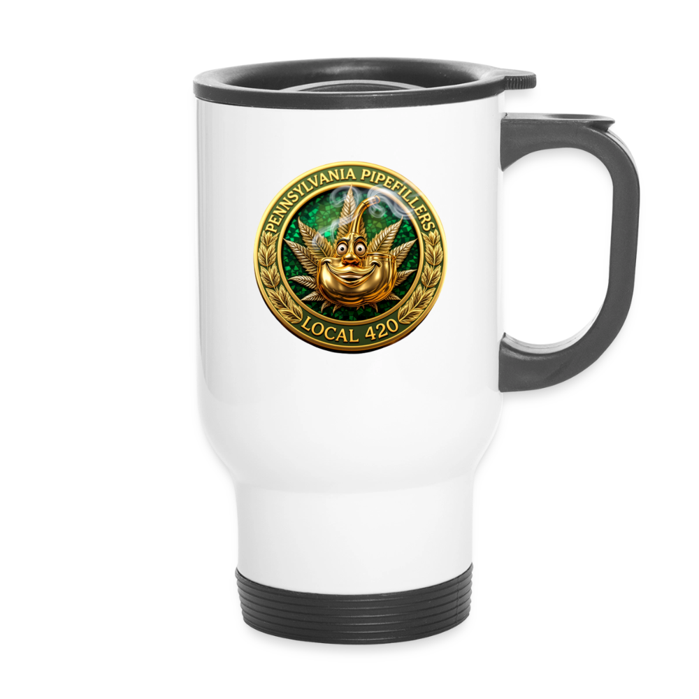 PENNSYLVANIA PIPEFILLERS LOCAL 420 14oz Stainless Steel Travel Mug - white