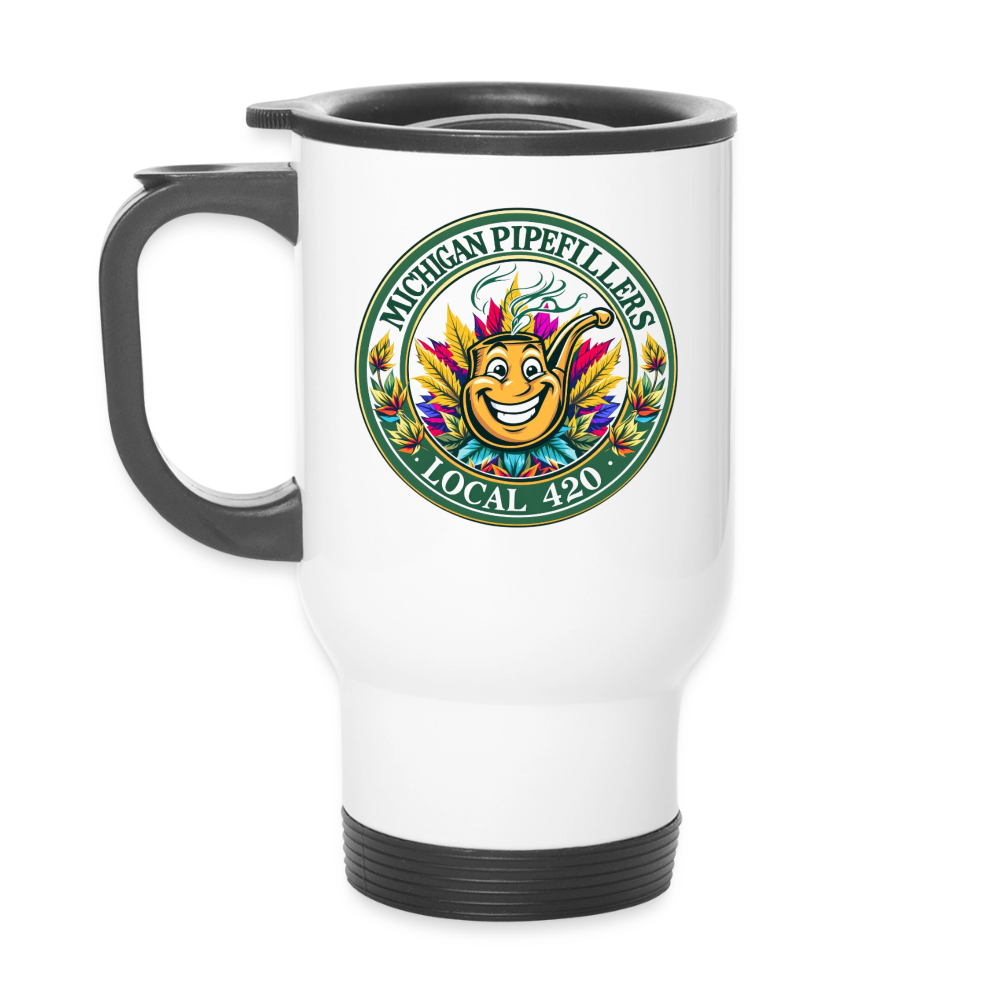 MICHIGAN PIPEFILLERS LOCAL 420 14oz Stainless Steel Travel Mug - white