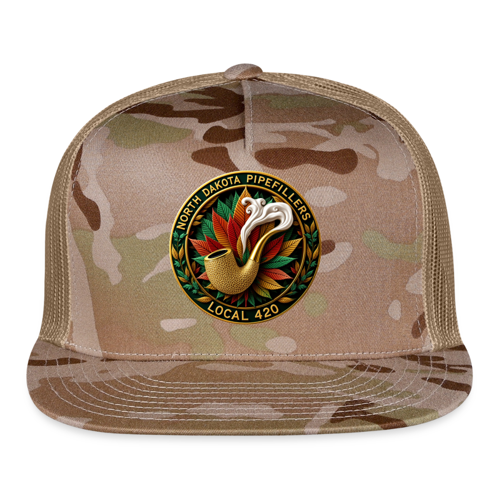NORTH DAKOTA PIPEFILLERS LOCAL 420 CAMO Trucker Hat - MultiCam\tan