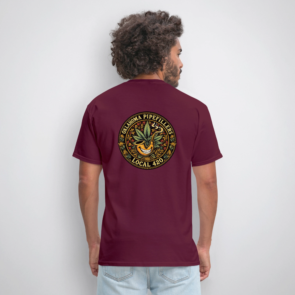 OKLAHOMA PIPEFILLERS LOCAL 420  F/B DESIGNS Men's T-Shirt - burgundy