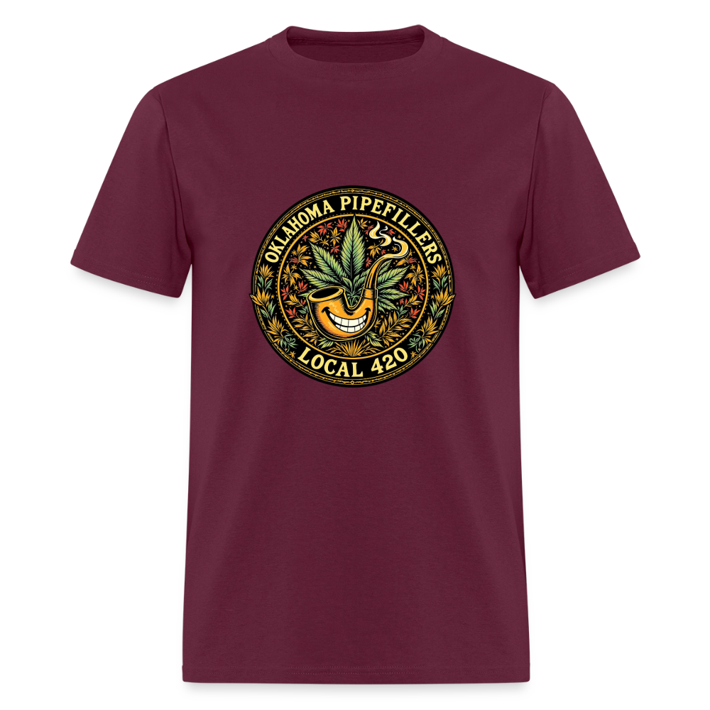 OKLAHOMA PIPEFILLERS LOCAL 420  F/B DESIGNS Men's T-Shirt - burgundy